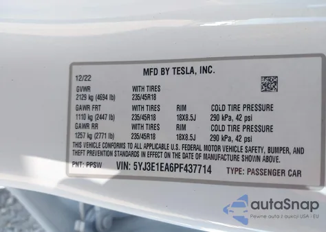 2023 Tesla Model 3 Rear-Wheel Drive z USA, uszkodzony, nr VIN 5YJ3E1EA6PF437714